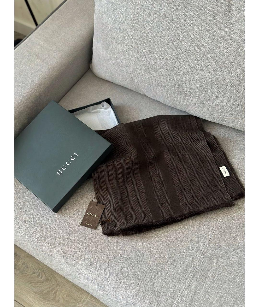 GUCCI Коричневый шерстяной шарф, фото 2