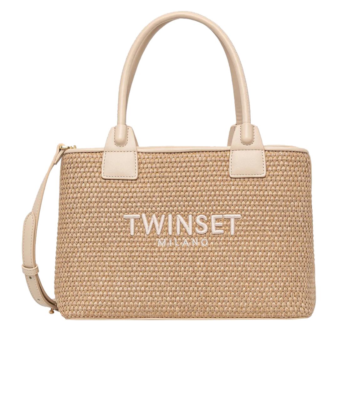 TWIN-SET Бежевая кожаная сумка с короткими ручками, фото 1