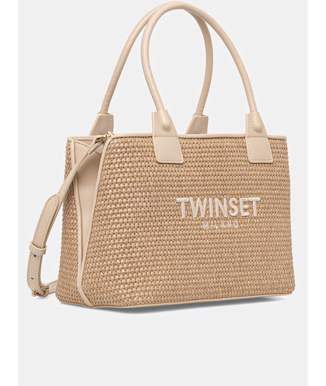 TWIN-SET Бежевая кожаная сумка с короткими ручками, фото 2