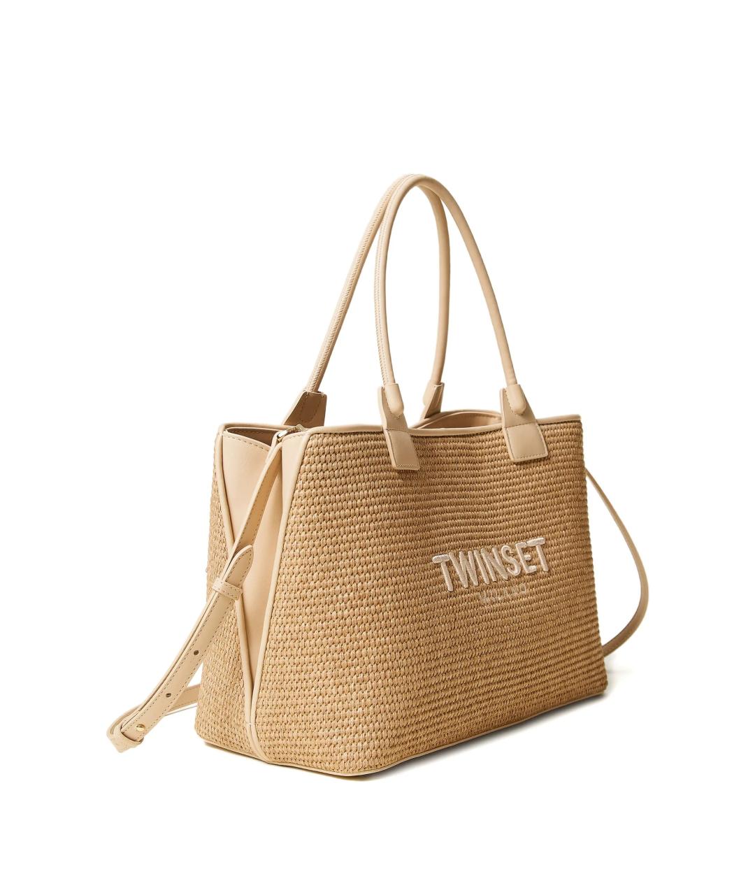 TWIN-SET Бежевая кожаная сумка тоут, фото 2