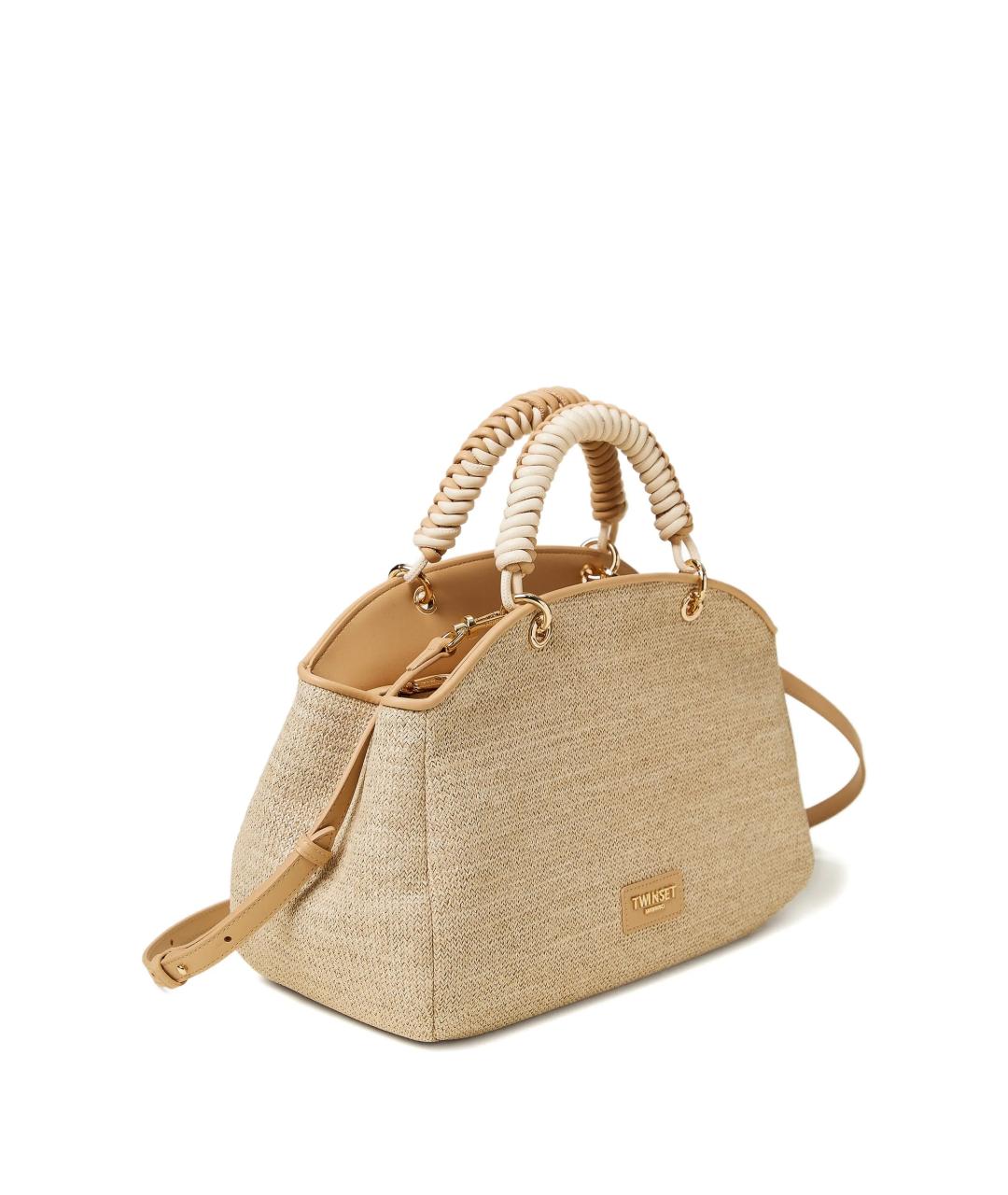 TWIN-SET Бежевая кожаная сумка с короткими ручками, фото 3