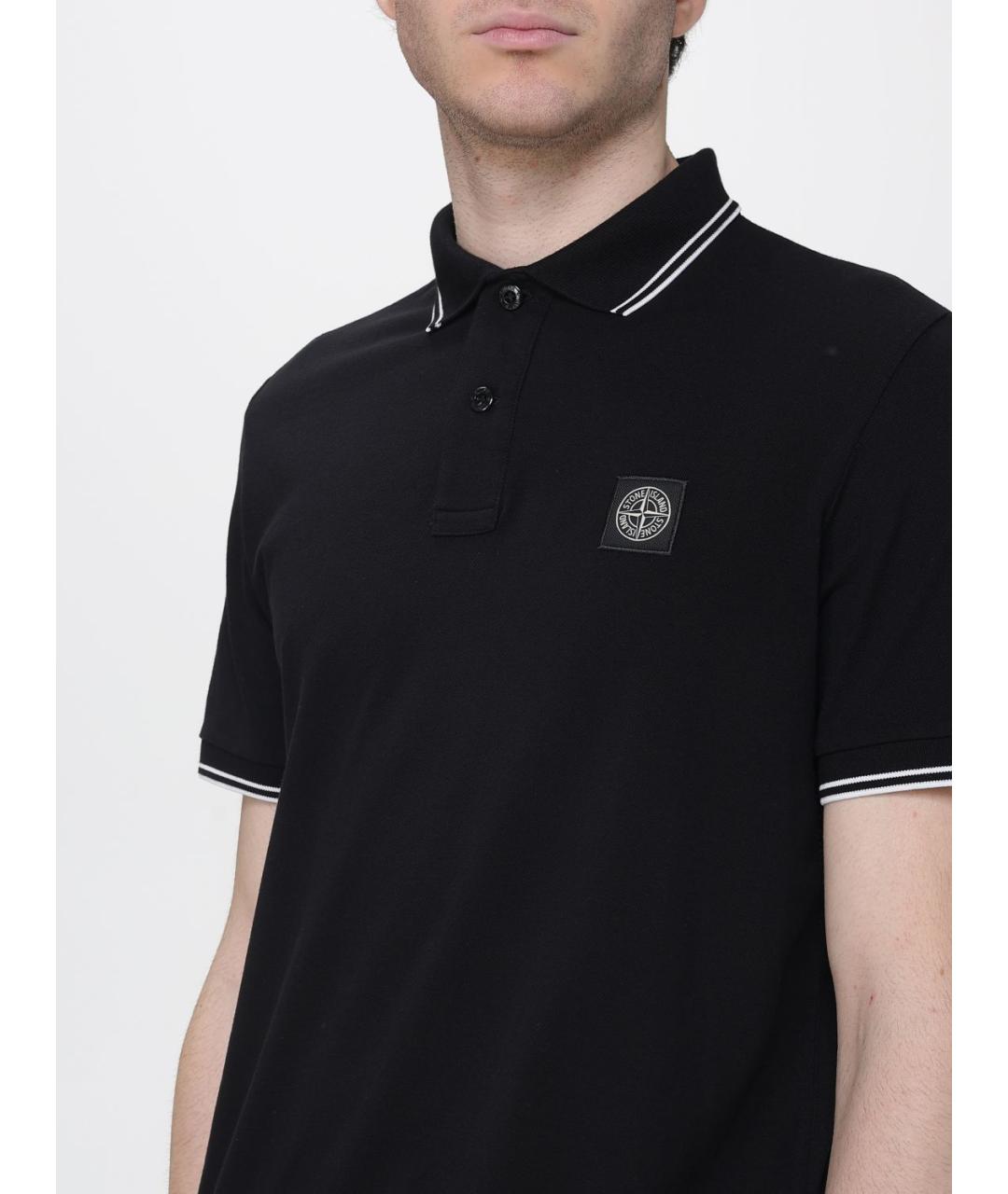 STONE ISLAND Черное хлопковое поло с коротким рукавом, фото 3