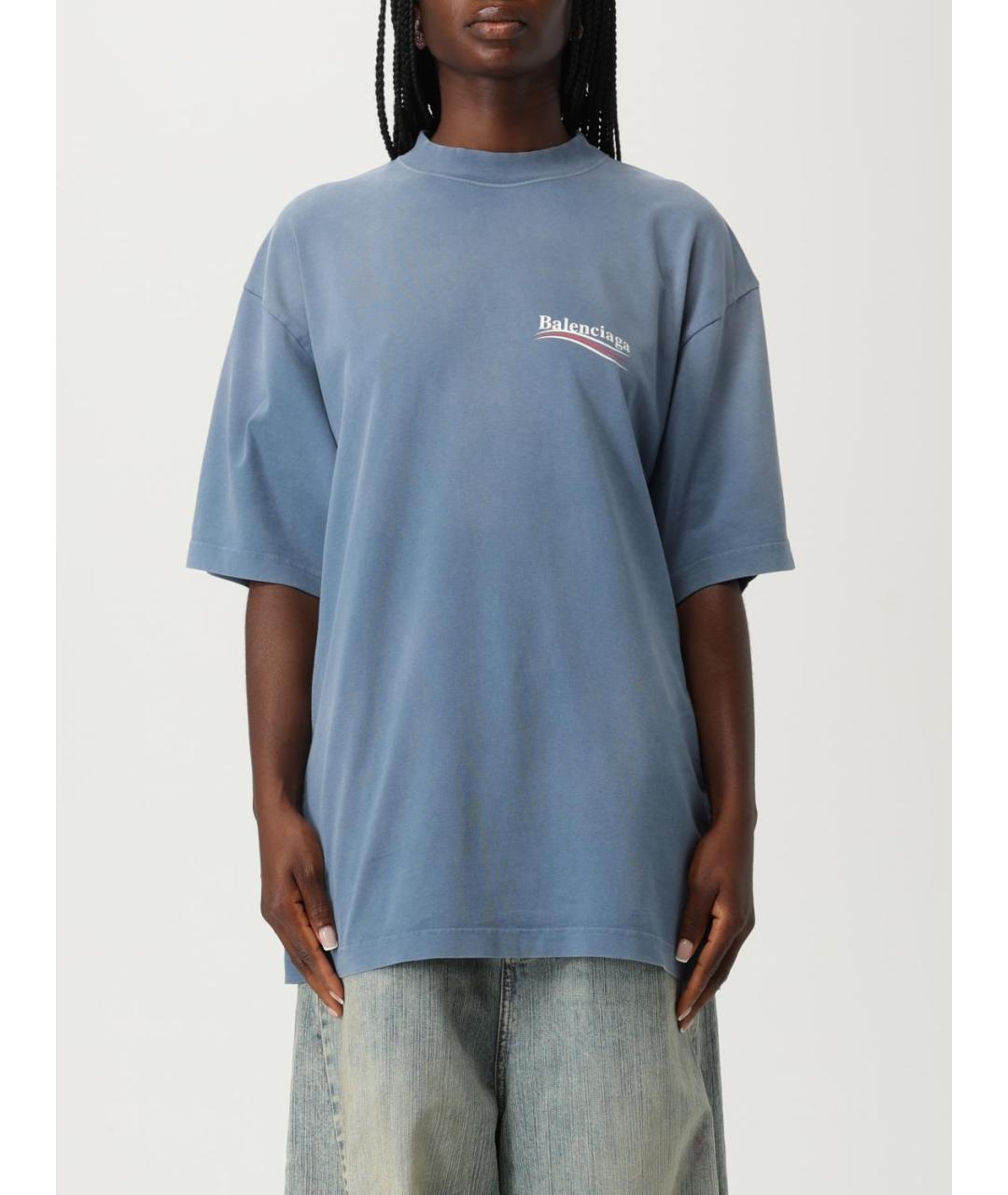 BALENCIAGA Голубая хлопковая футболка, фото 2