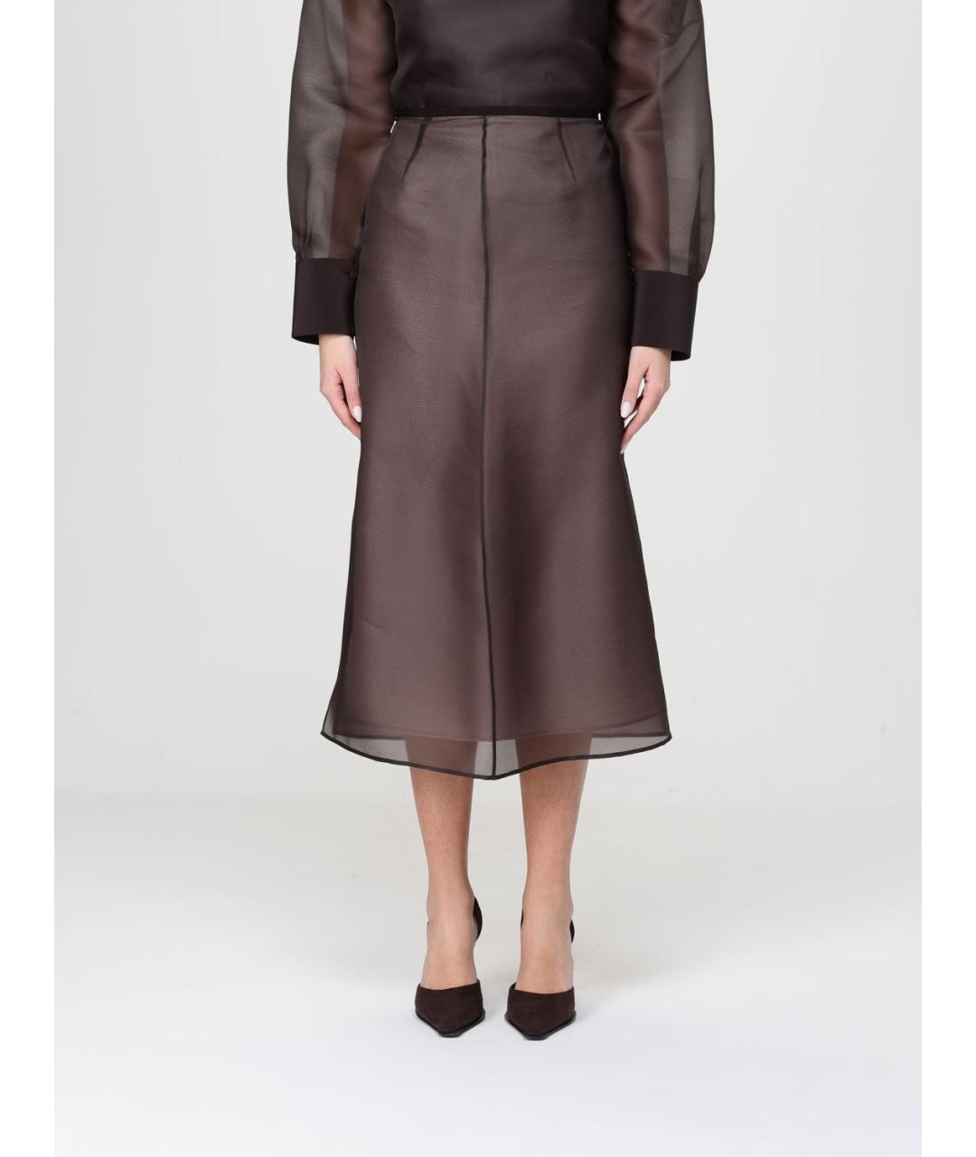 AGNONA Коричневая шелковая юбка миди, фото 6