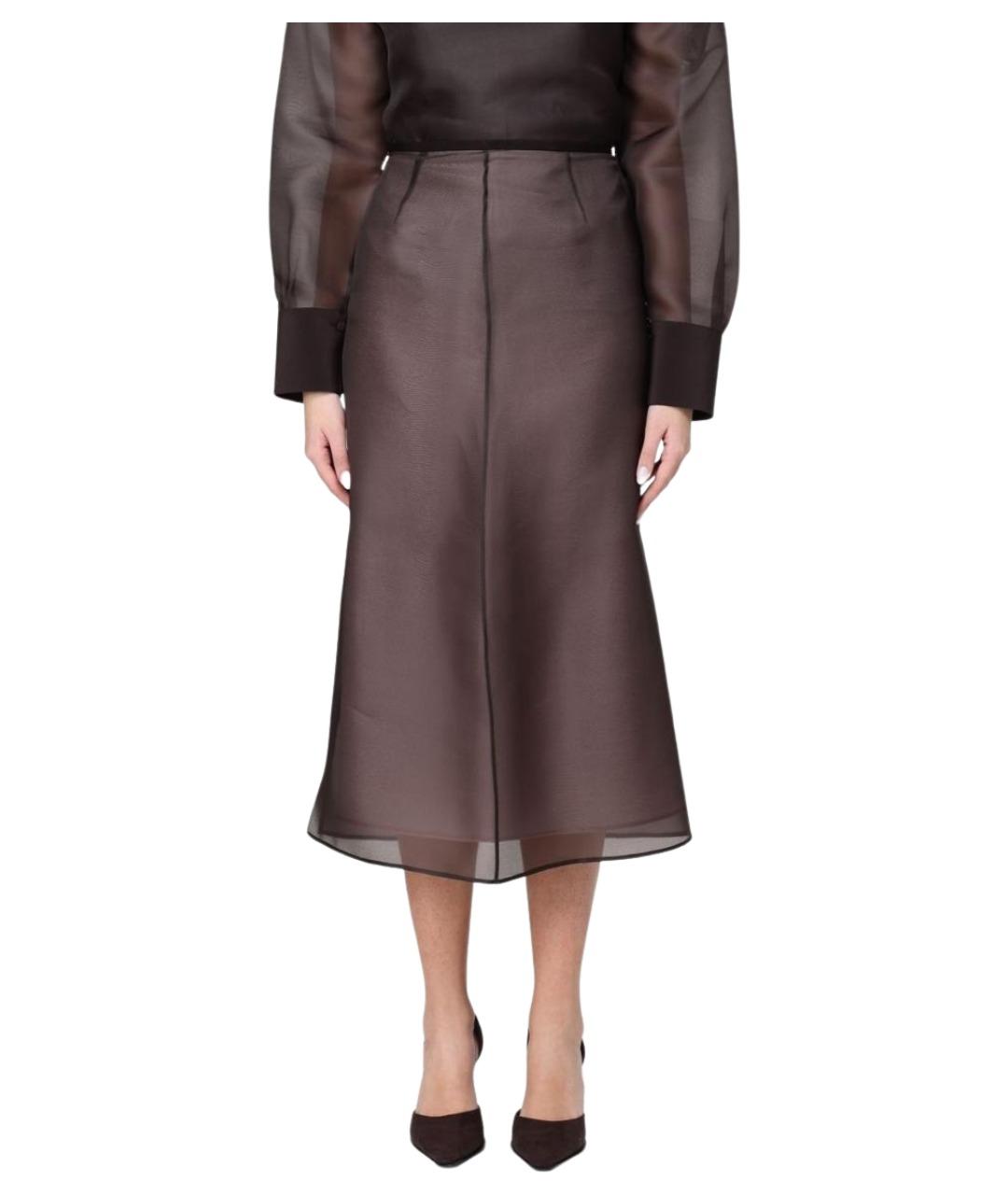 AGNONA Коричневая шелковая юбка миди, фото 1