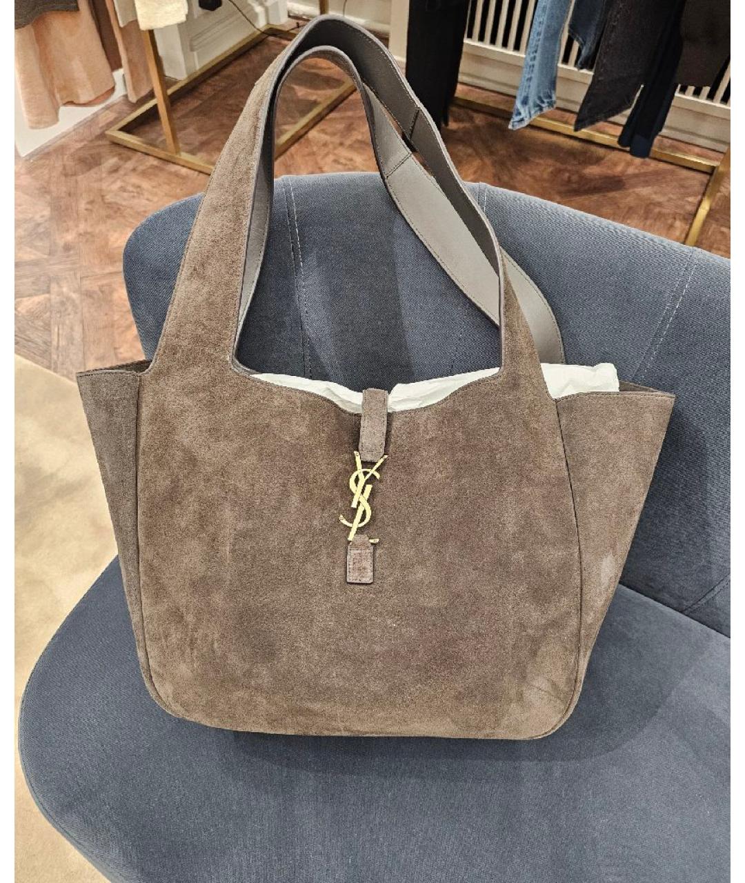SAINT LAURENT Серая замшевая сумка тоут, фото 6