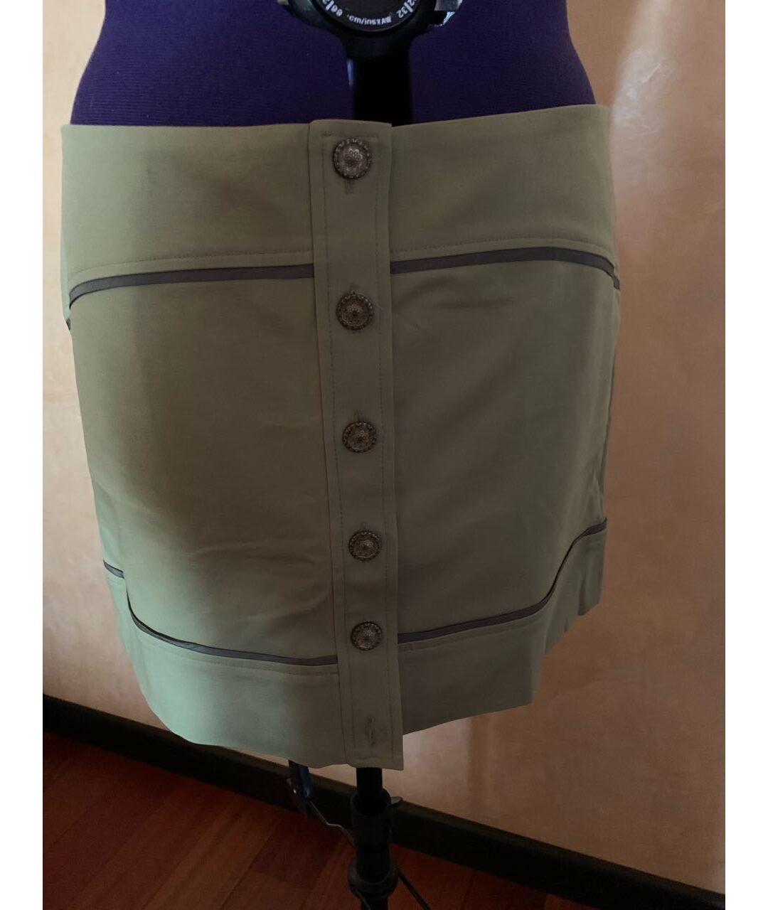 NICOLE MILLER Хаки хлопко-эластановая юбка мини, фото 6