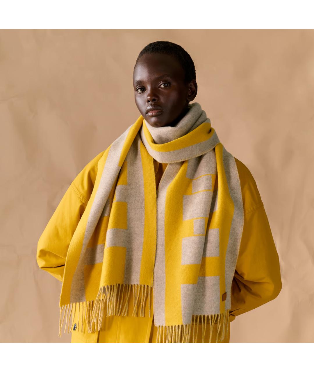 HERMES Горчичный кашемировый шарф, фото 3