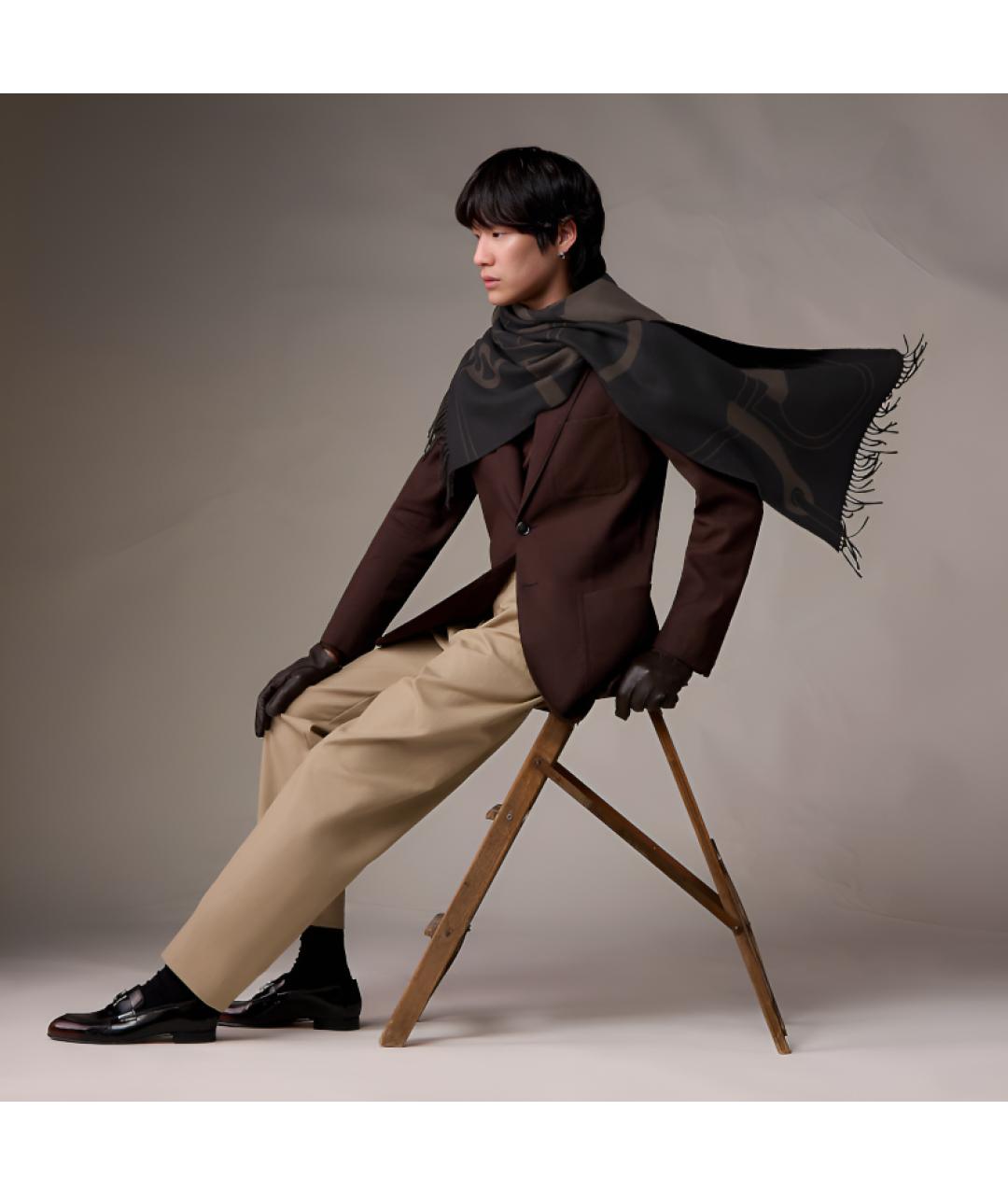 HERMES Черный кашемировый шарф, фото 2