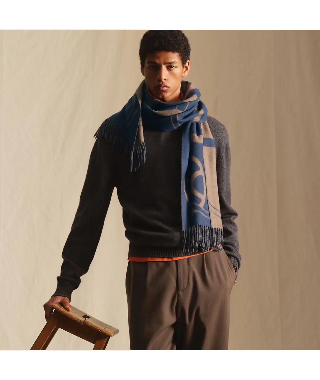 HERMES Синий кашемировый шарф, фото 3