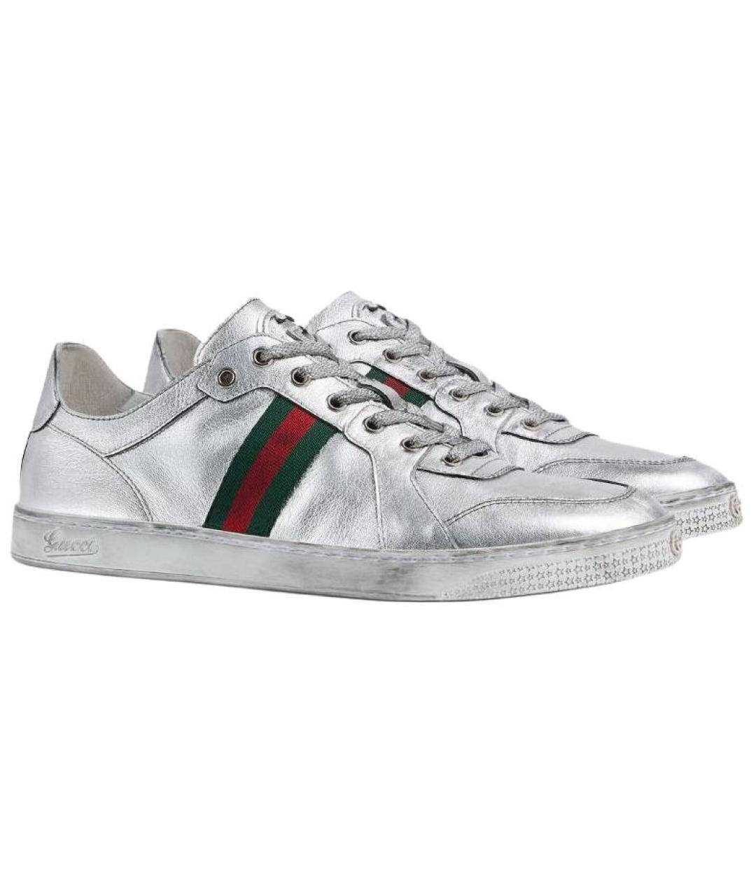 GUCCI Серебряные кожаные низкие кроссовки / кеды, фото 3