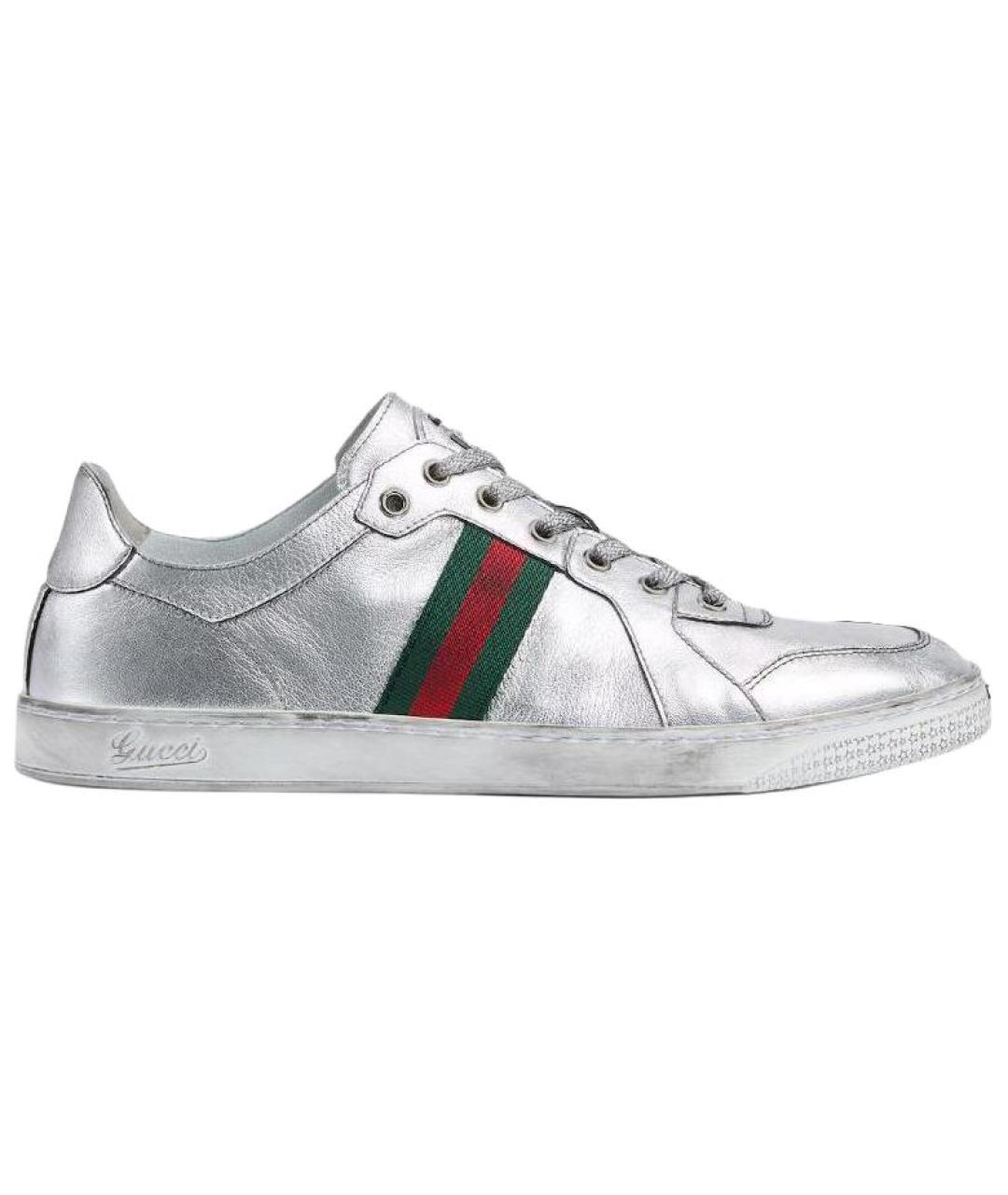 GUCCI Серебряные кожаные низкие кроссовки / кеды, фото 1
