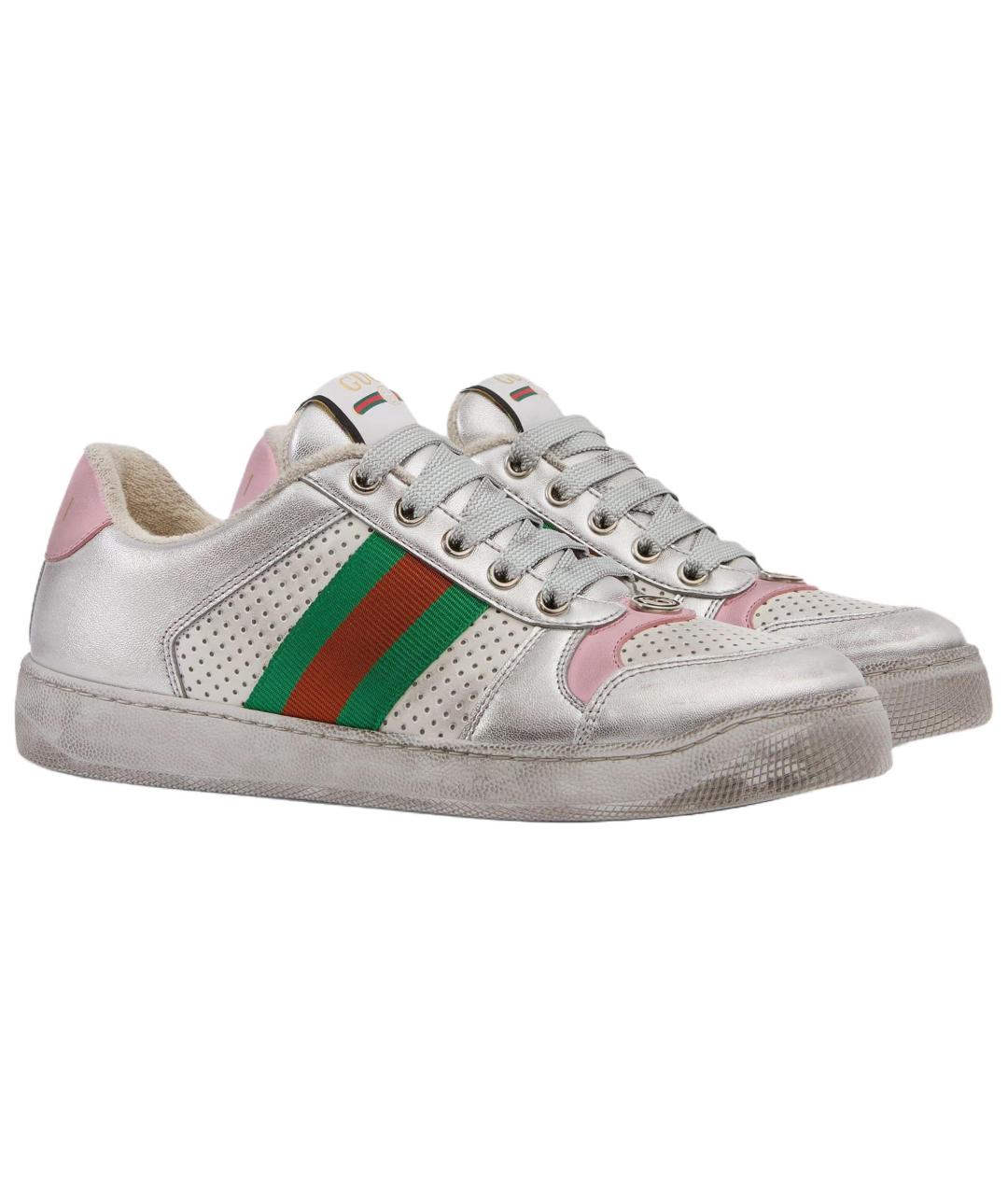 GUCCI Серебряные кожаные кроссовки, фото 3