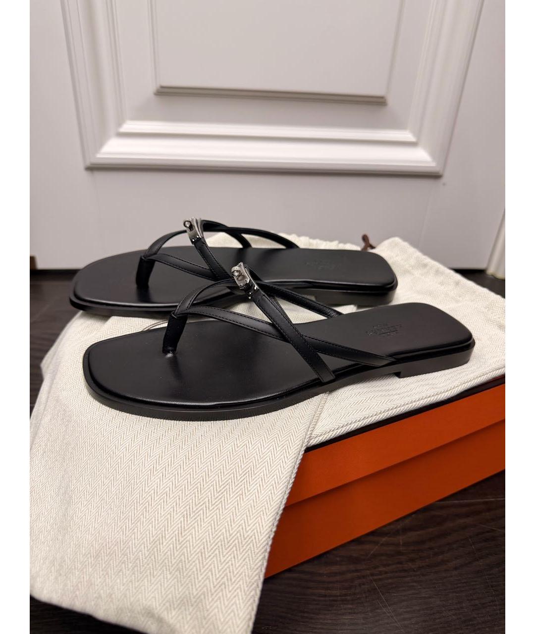 HERMES Черные кожаные шлепанцы, фото 7