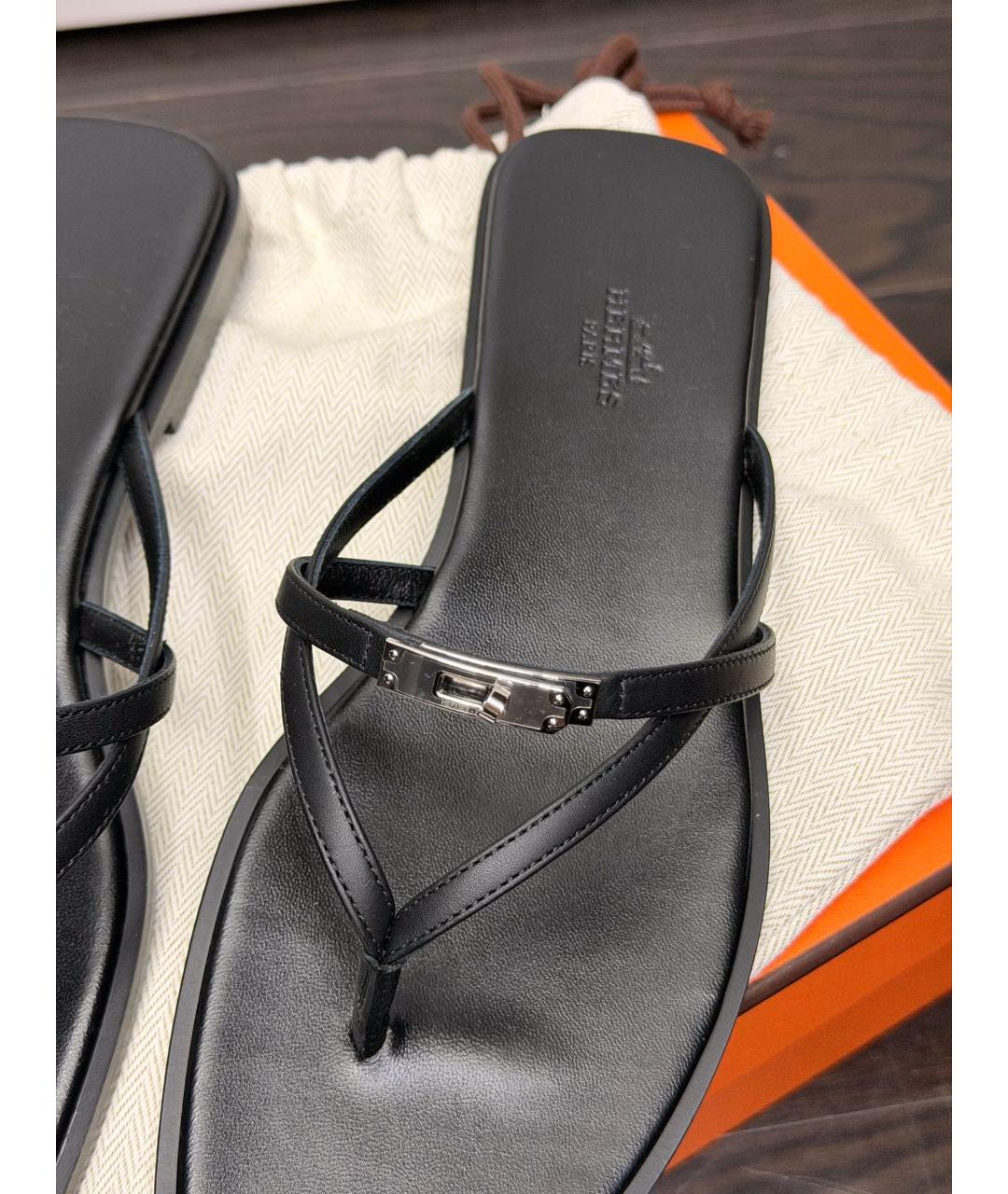 HERMES Черные кожаные шлепанцы, фото 3