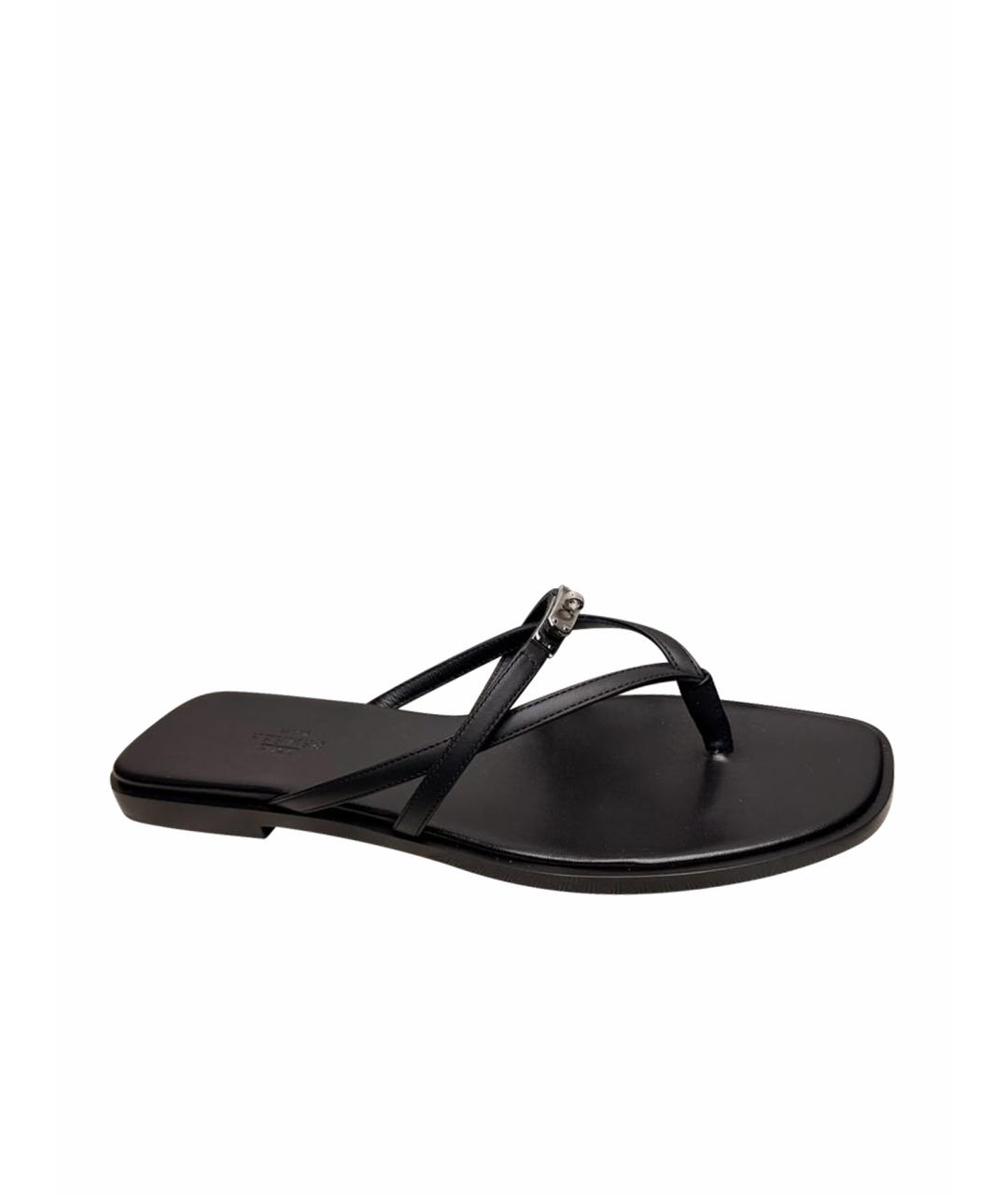 HERMES Черные кожаные шлепанцы, фото 1