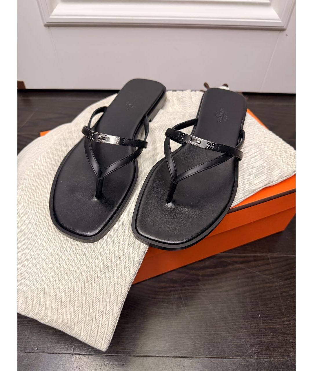 HERMES Черные кожаные шлепанцы, фото 2