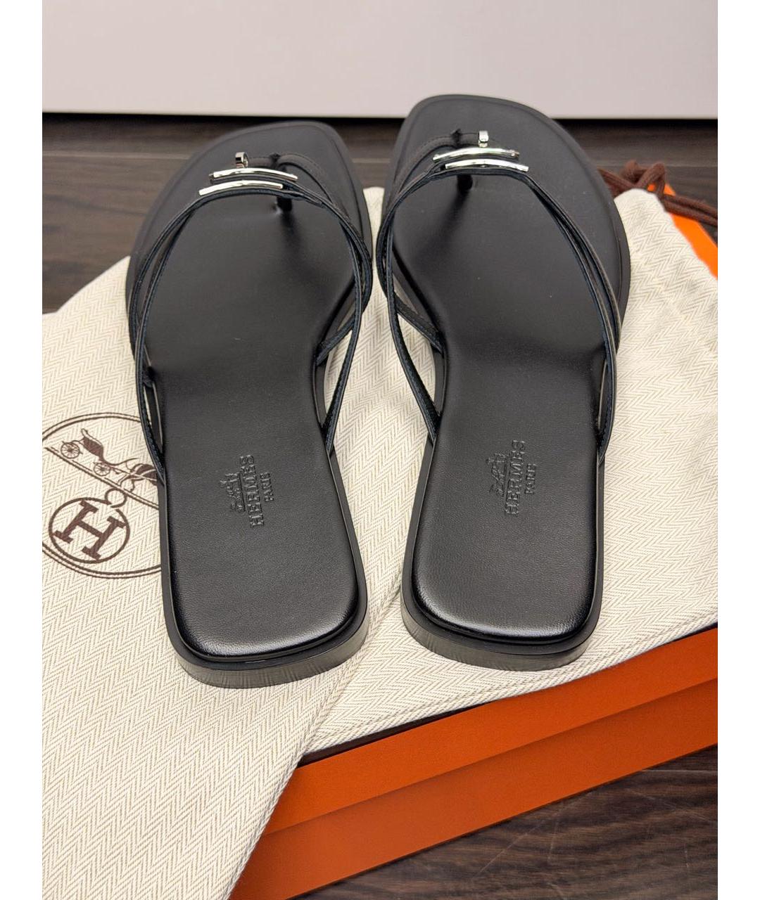 HERMES Черные кожаные шлепанцы, фото 4