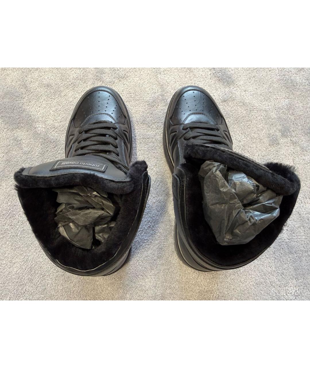 ROBERTO CAVALLI Черные кожаные высокие кроссовки / кеды, фото 4