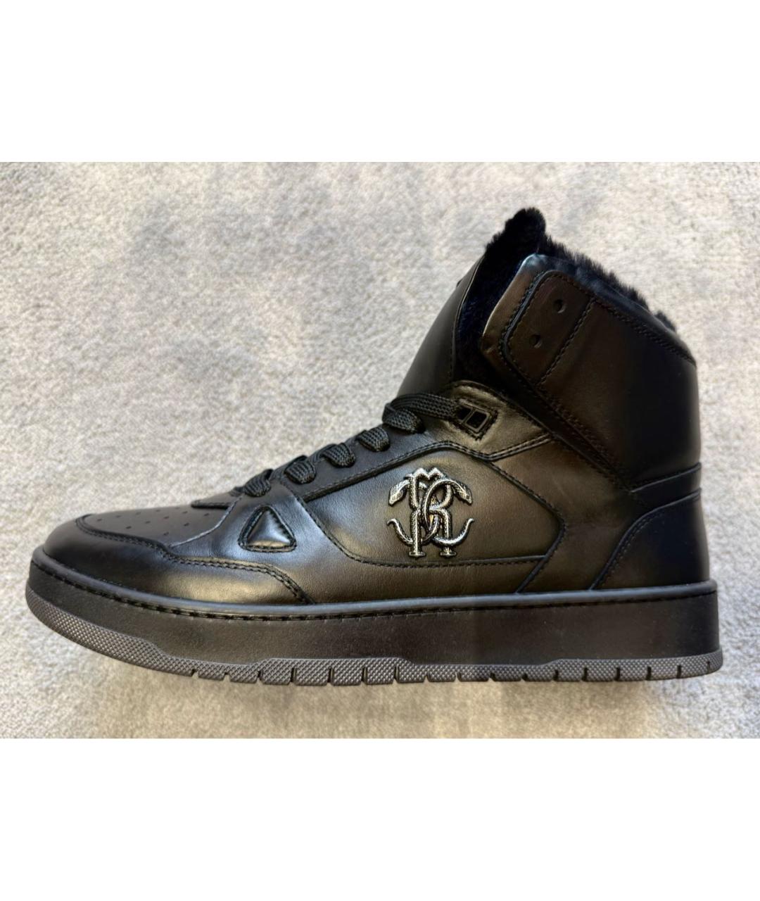 ROBERTO CAVALLI Черные кожаные высокие кроссовки / кеды, фото 9