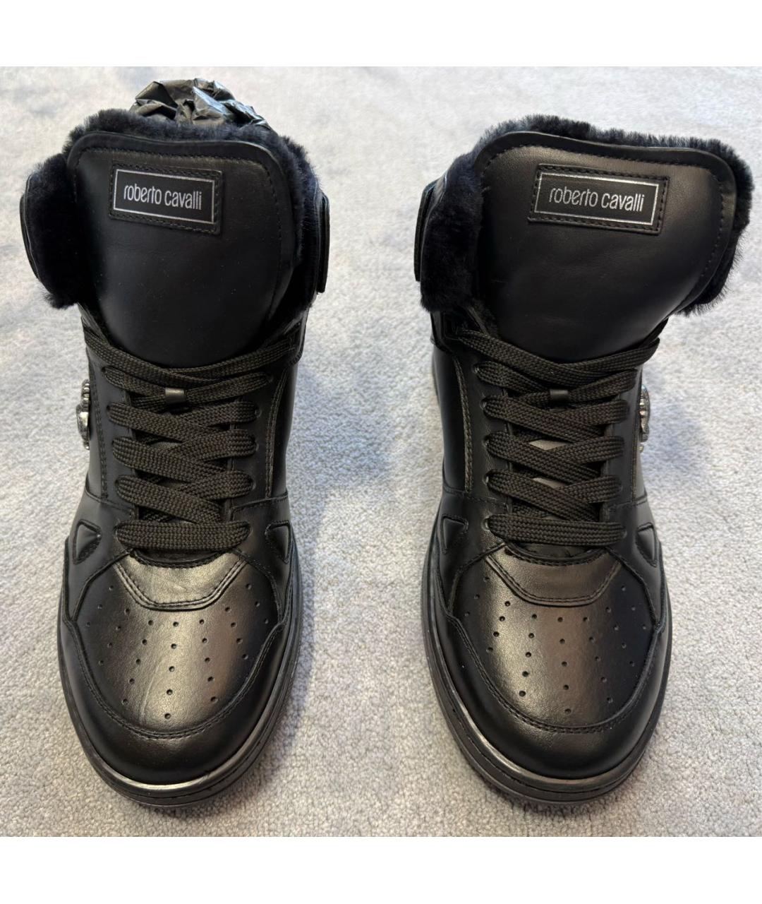 ROBERTO CAVALLI Черные кожаные высокие кроссовки / кеды, фото 3
