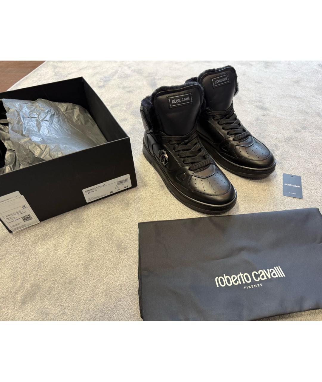 ROBERTO CAVALLI Черные кожаные высокие кроссовки / кеды, фото 8
