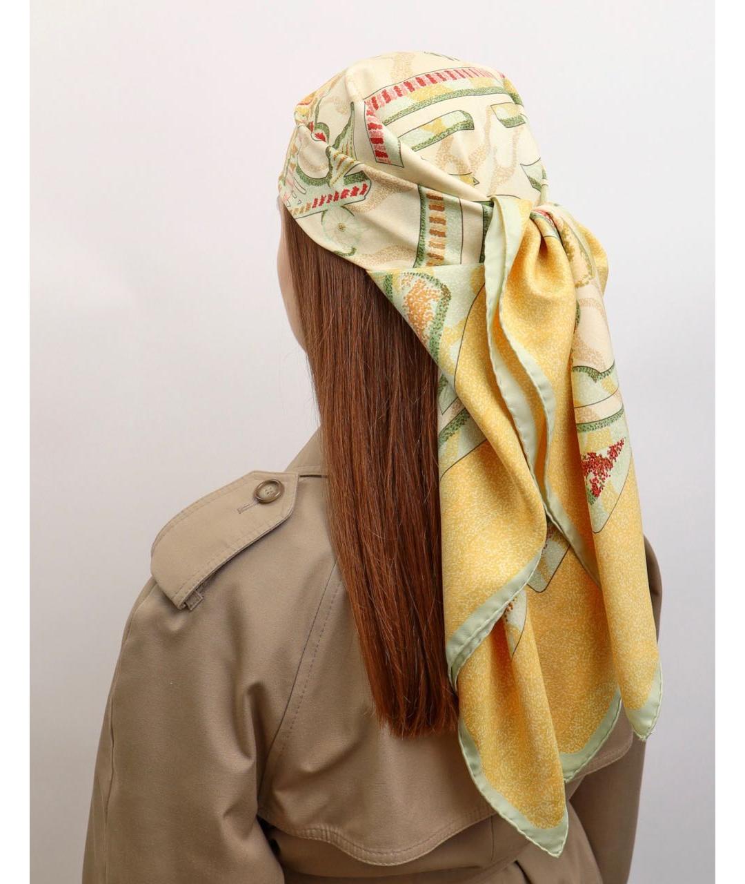 HERMES Горчичный шелковый платок, фото 5