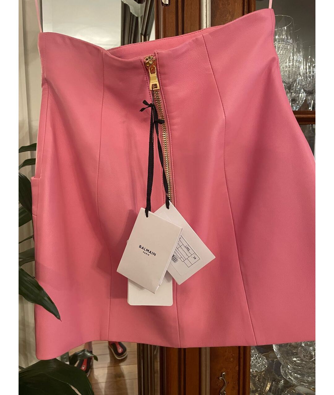 BALMAIN Розовая кожаная юбка мини, фото 3