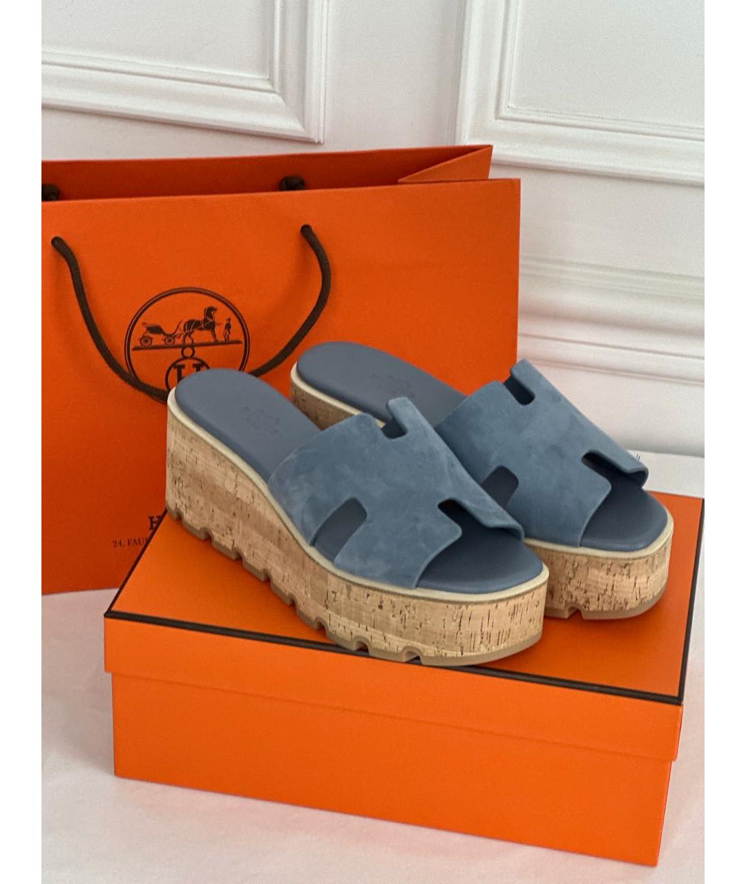 HERMES Голубые замшевые сабо, фото 4