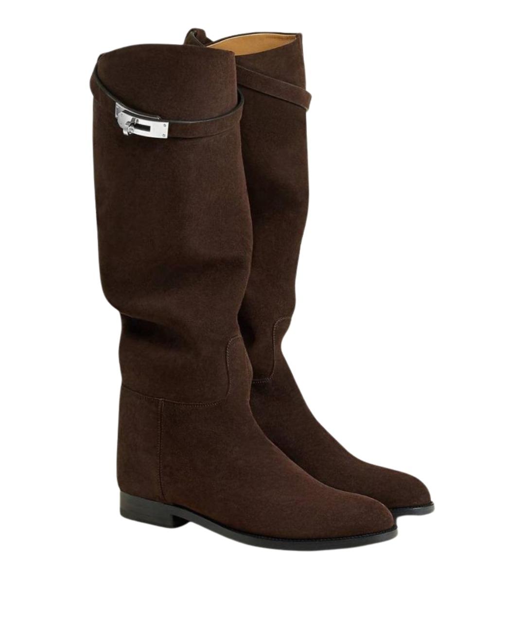 HERMES Коричневые замшевые сапоги, фото 1