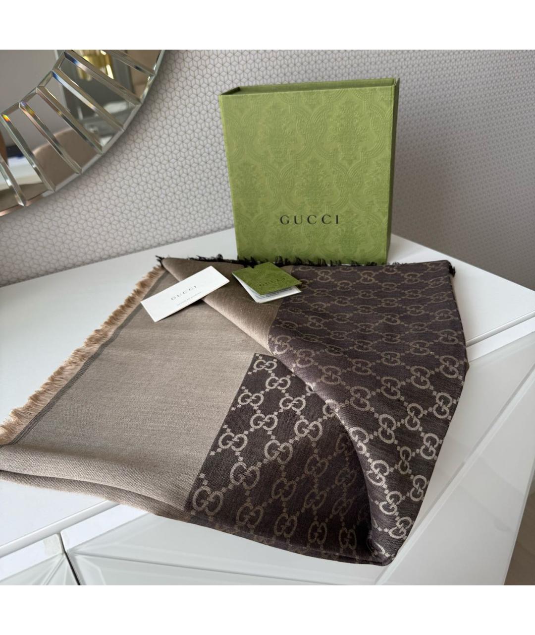 GUCCI Коричневый шерстяной платок, фото 2