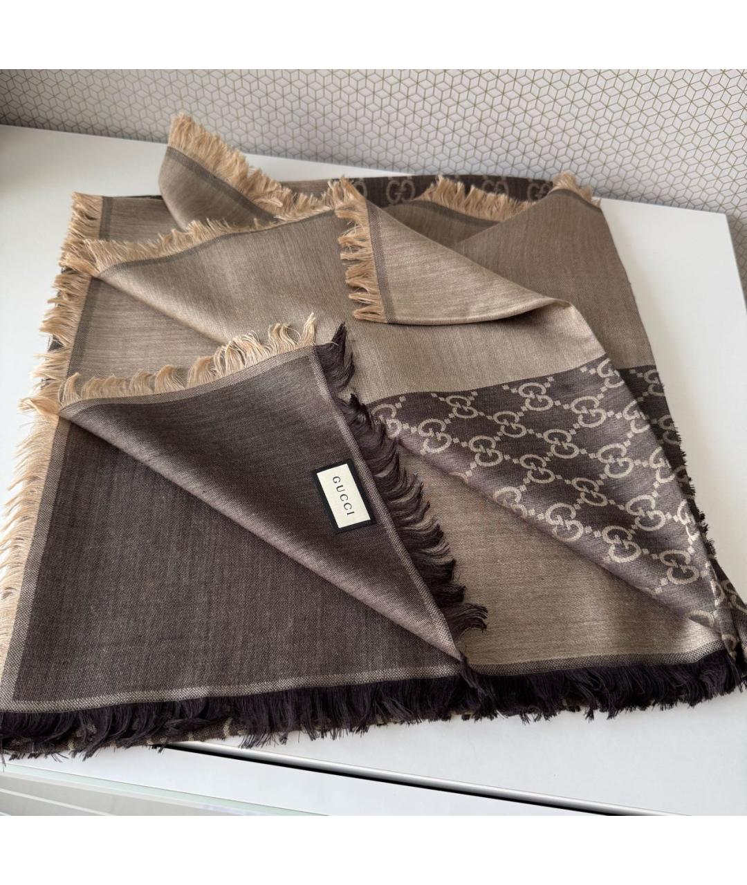 GUCCI Коричневый шерстяной платок, фото 7
