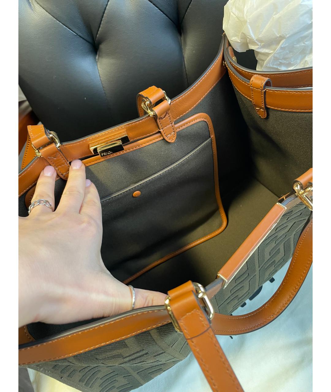 FENDI Хаки тканевая сумка тоут, фото 3