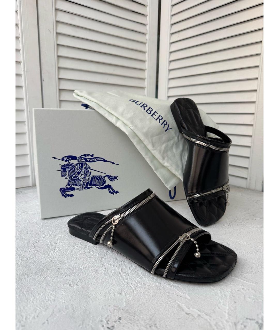 BURBERRY Черные кожаные шлепанцы, фото 4
