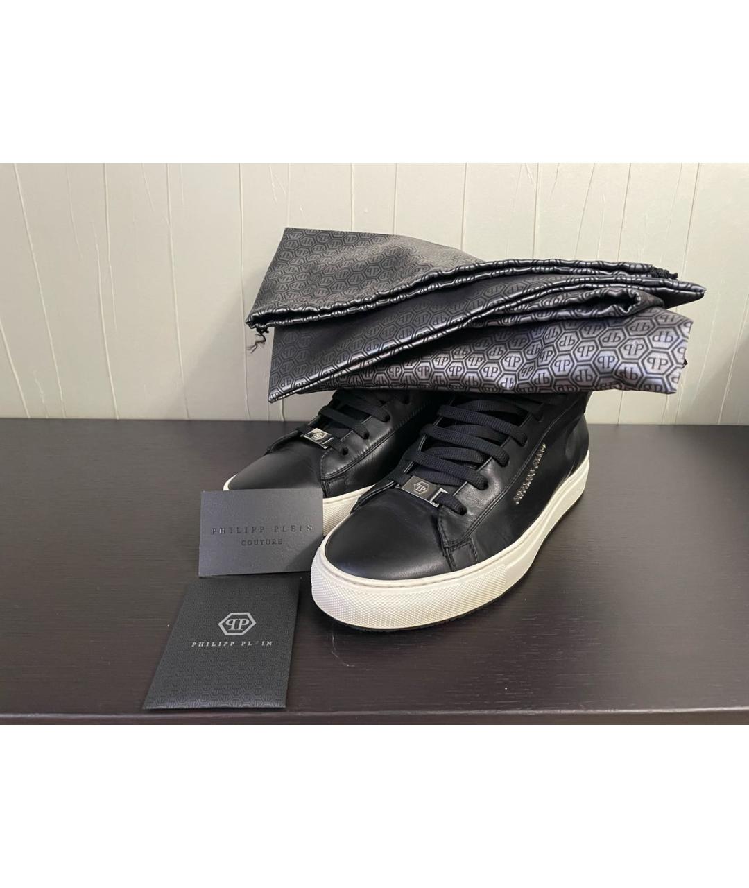 PHILIPP PLEIN Черные кожаные высокие кроссовки / кеды, фото 6