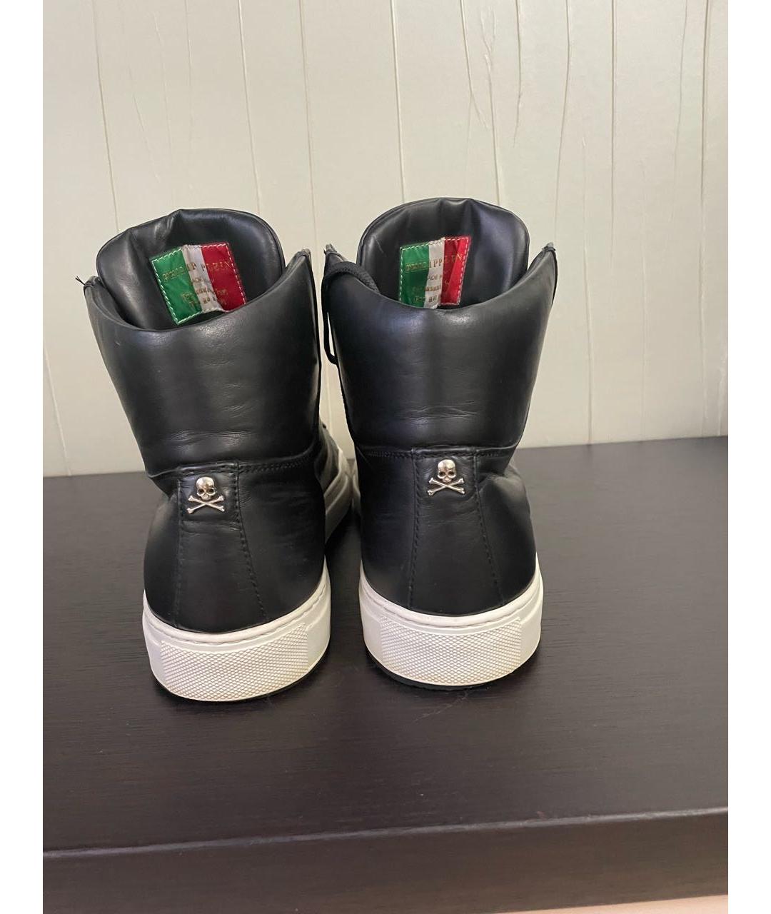 PHILIPP PLEIN Черные кожаные высокие кроссовки / кеды, фото 3