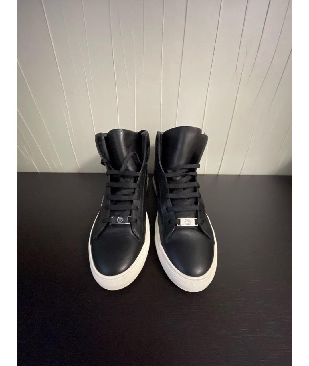 PHILIPP PLEIN Черные кожаные высокие кроссовки / кеды, фото 2