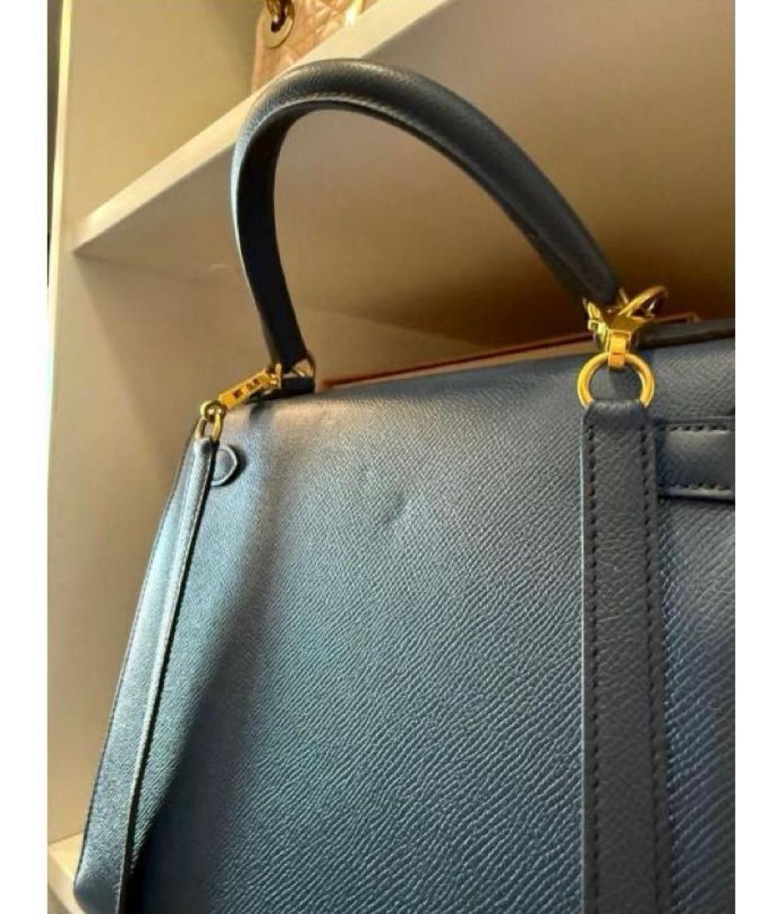 HERMES Темно-синяя кожаная сумка с короткими ручками, фото 8