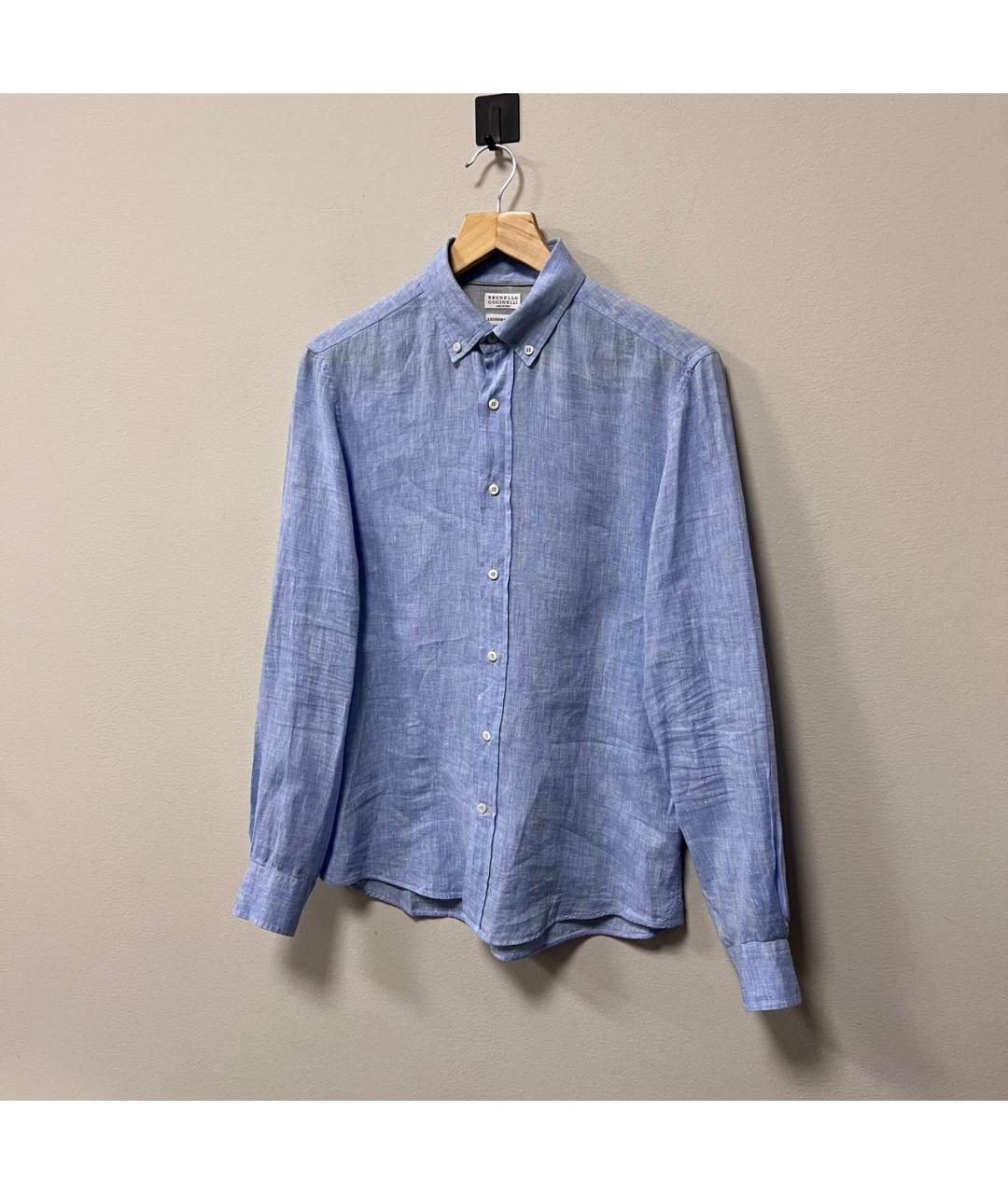 BRUNELLO CUCINELLI Голубая льняная классическая рубашка, фото 2