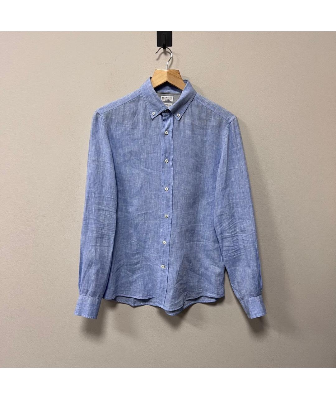 BRUNELLO CUCINELLI Голубая льняная классическая рубашка, фото 6
