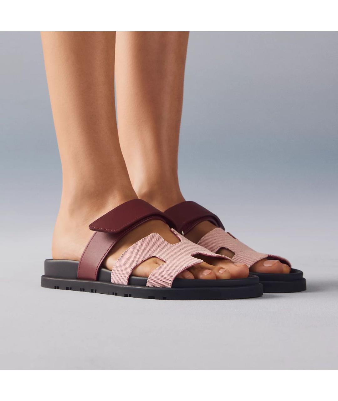 HERMES Бордовые кожаные шлепанцы, фото 2
