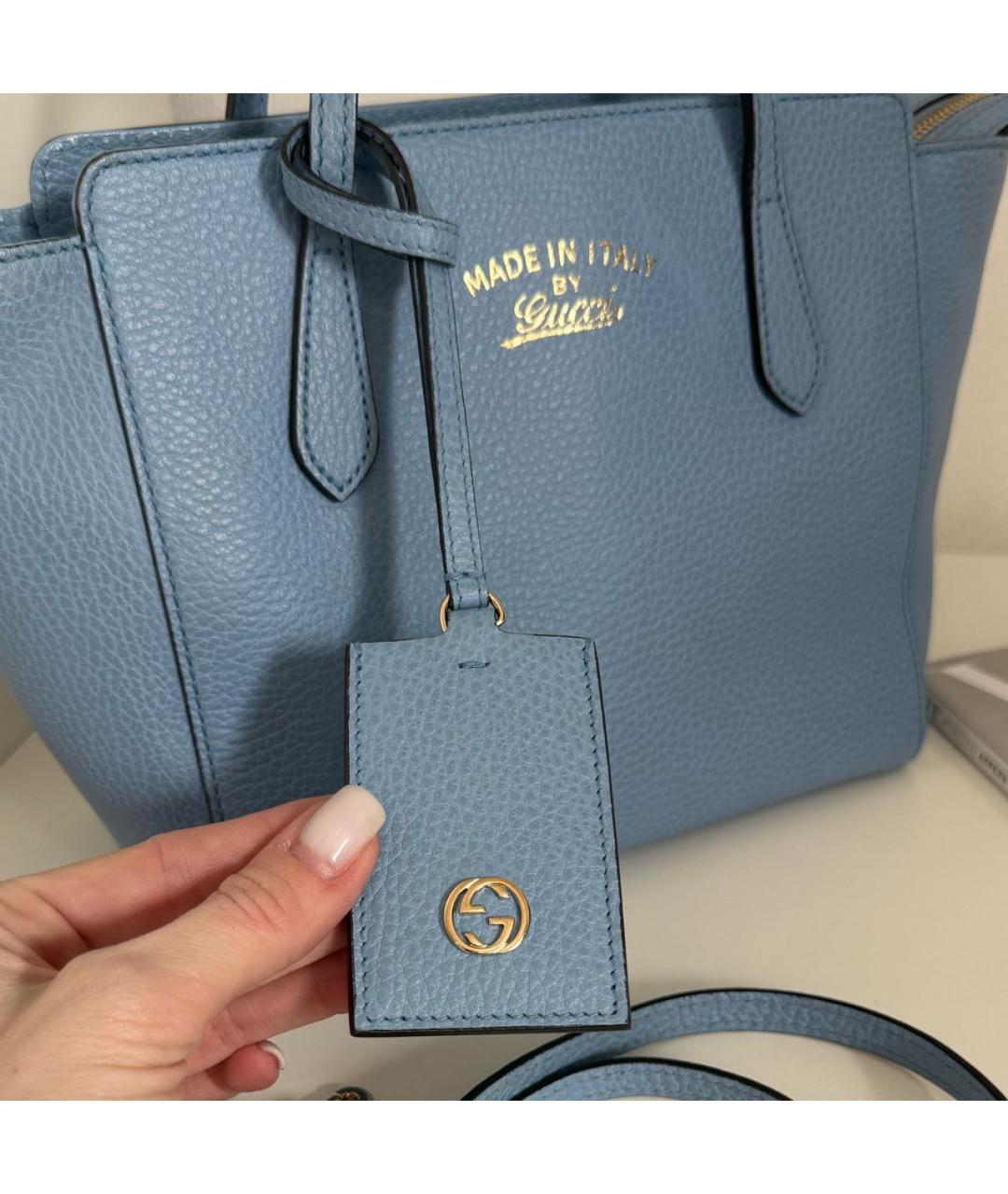 GUCCI Голубая кожаная сумка тоут, фото 7