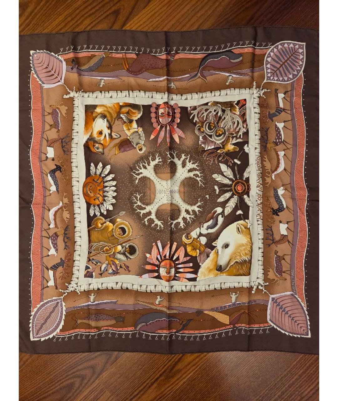 HERMES Коричневый шелковый платок, фото 5