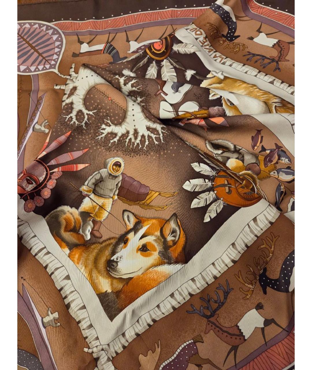 HERMES Коричневый шелковый платок, фото 4