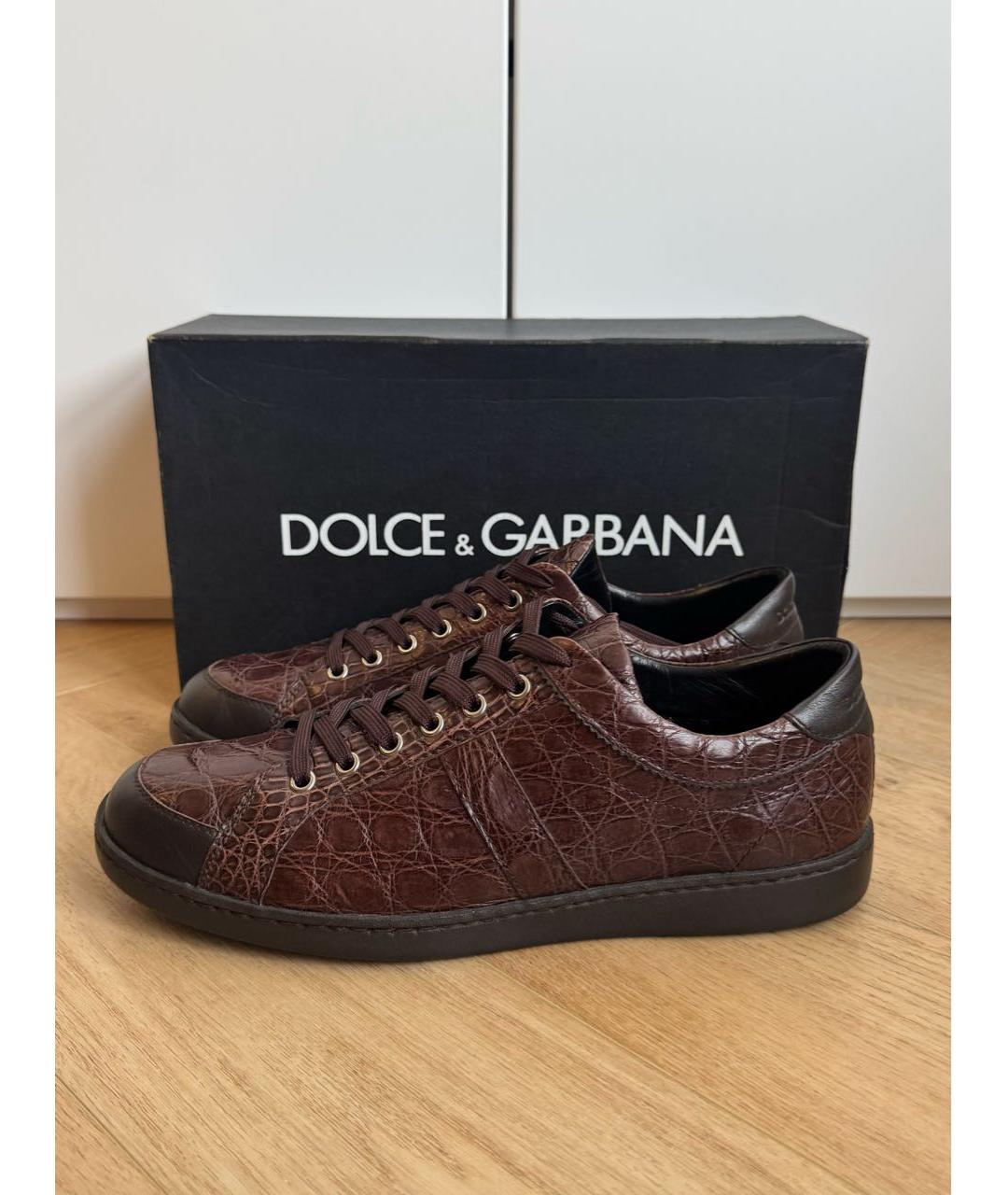 DOLCE&GABBANA Коричневые низкие кроссовки / кеды из экзотической кожи, фото 6