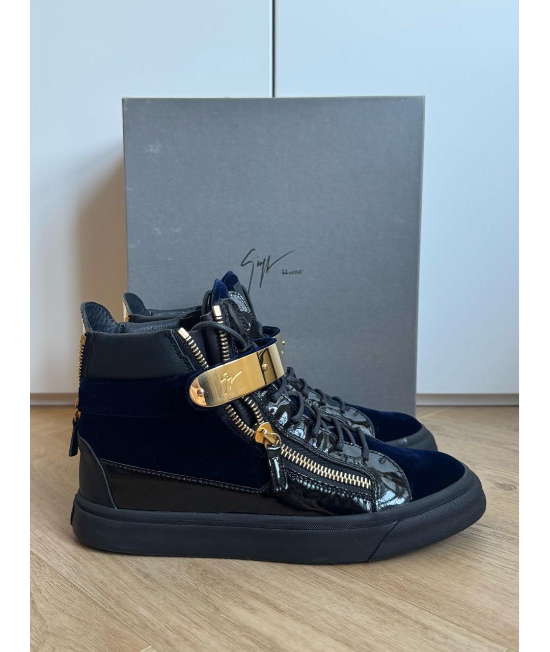 GIUSEPPE ZANOTTI DESIGN Темно-синие бархатные высокие кроссовки / кеды, фото 4