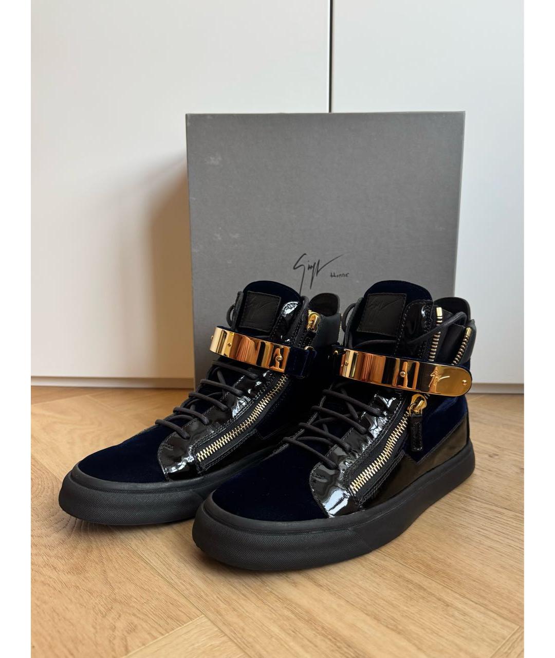 GIUSEPPE ZANOTTI DESIGN Темно-синие бархатные высокие кроссовки / кеды, фото 2