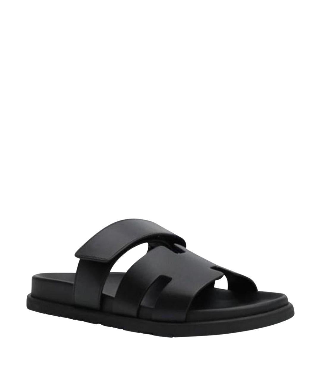 HERMES Черные кожаные шлепанцы, фото 1