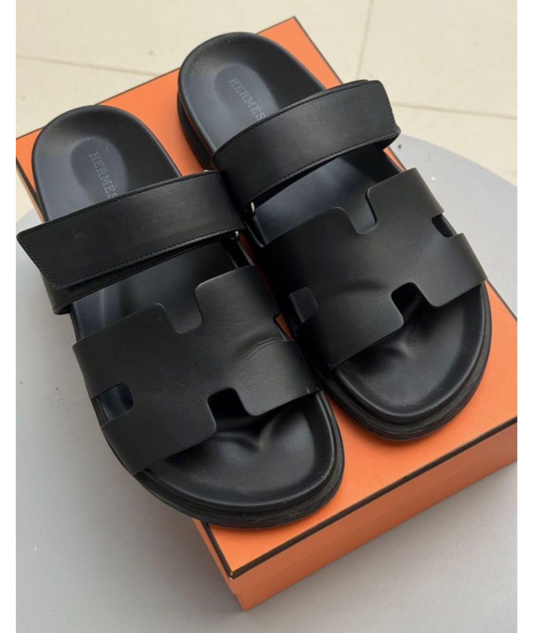 HERMES Черные кожаные шлепанцы, фото 2