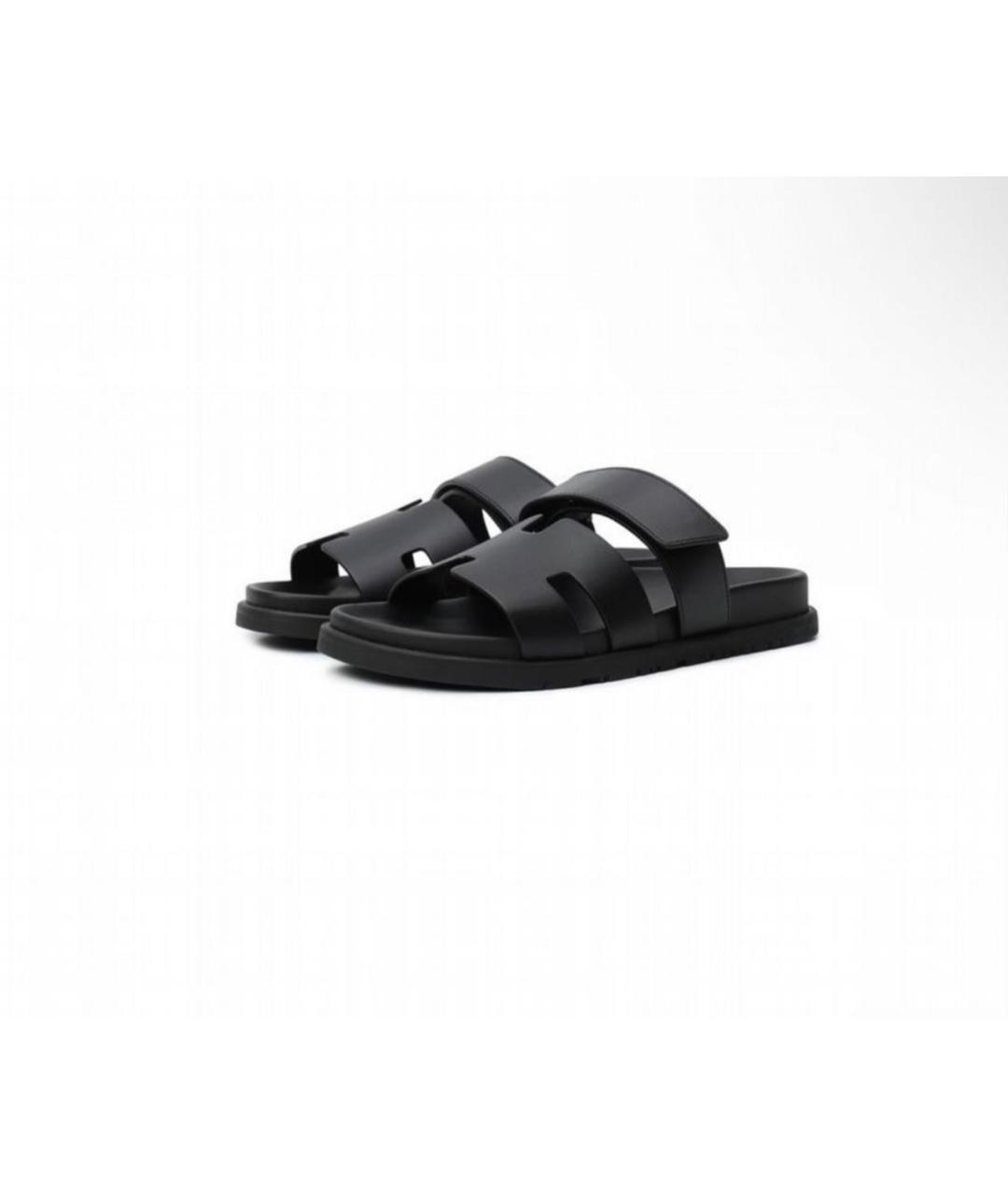 HERMES Черные кожаные шлепанцы, фото 4